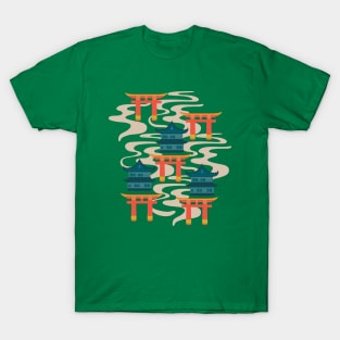 EDO Traditional Japanese Castles and Oriental Japan Torii Gates with Flowing River in Rainbow Palette Turquoise Orange Teal Yellow - UnBlink Studio by Jackie Tahara T-Shirt